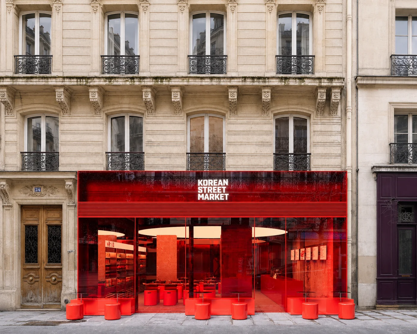 Korean Street Market Paris — a vivid red glass storefront set into a Haussmann façade