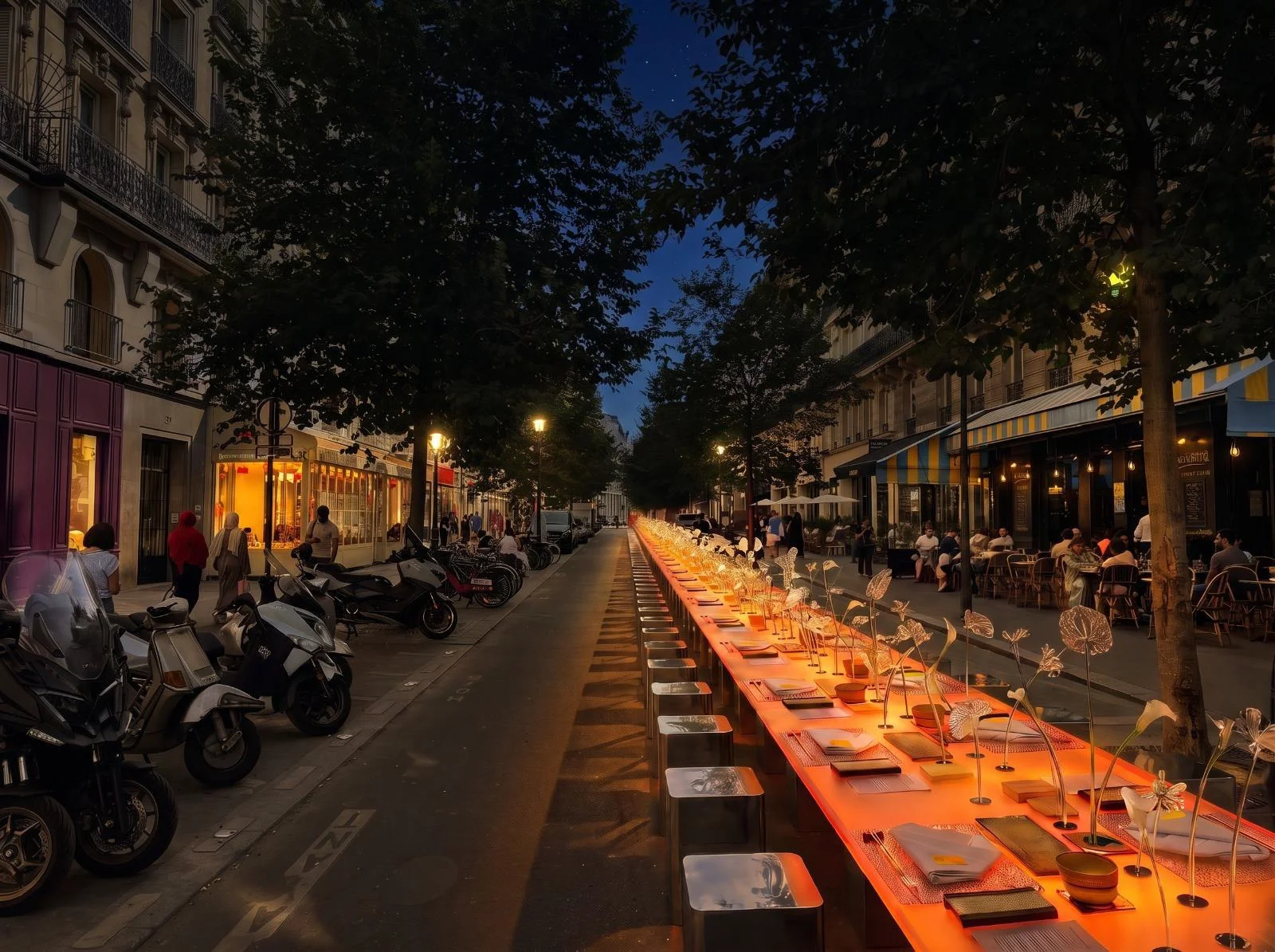 Street-level view of the glowing hundred-seat table stretching down a Paris street at night